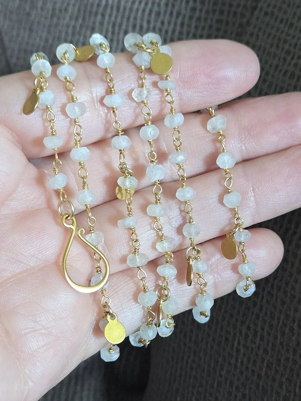 Long Necklace with Stationary Moonstone🌙 Beads and Brushed🖌 Gold💛 Paddles🏓 - Picture 3 of 16